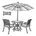 Hand drawn street cafe - table, two chairs and ambrella or parasol . Hand drawn sketch for Menu design, sketch restaurant city,