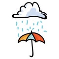 Hand Drawn Striped Colorful Umbrella with Rain Illustration. Concept of Overcast Rainy Weather Shelter. Simple Icon Motif Red,