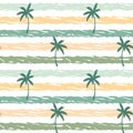 Hand drawn striped summer seamless pattern with hand drawn palm trees. Vector illustration