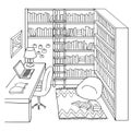 Hand drawn study or library room for design element and coloring book page. Vector illustration.