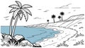 Hand Drawn Style Beach with Palm Tree and Distant Hills Vector, vector design Generative AI Royalty Free Stock Photo
