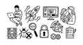 Hand drawn style black and white digital security icons with developer coding laptop and shield gear interaction Royalty Free Stock Photo