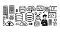 Hand drawn style database icon set with servers cloud computing and software developer character with folder Royalty Free Stock Photo