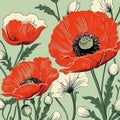 Hand-drawn style delicate abstract poppy flower illustration pattern in front of green background Royalty Free Stock Photo