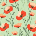 Hand-drawn style delicate abstract poppy flower illustration pattern in front of green background Royalty Free Stock Photo