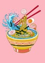 Hand Drawn Style of Delicious Ramen Noodle Japanese Vintage Wave Painting