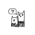 hand-drawn in the style of doodle cats in love. Cute cat and Lady cat together and in a speech bubble heart. Valentine's