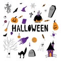 Hand drawn style outline vector set with Halloween illustrations and icons: pumpkin, ghost, cat, bat, candy Royalty Free Stock Photo