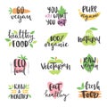 Hand drawn style set of bio organic eco healthy food labels logo templates and vintage vegan elements in green color