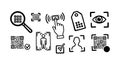 Hand drawn style set of qr code icons with scanning, human recognition, check marks, tags, and eye detection in black line art Royalty Free Stock Photo