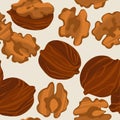 Walnuts seamless pattern. Nuts in shell and kernels.