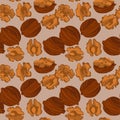 Walnuts seamless pattern. Nuts in shell and kernels.