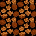 Walnuts seamless pattern. Nuts in shell and kernels.