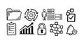 Hand drawn style vector icons showing folder, gear cycle, person with database, checklist, growth chart, lock, network nodes, and Royalty Free Stock Photo
