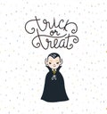 Hand drawn stylish illustration with text and child vampire costume.