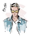 Hand drawn stylish man in sunglasses. Fashion handsome man. Sketch.