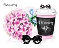 Hand drawn stylish set with flowers, coffee cup, sunglasses and bow. Sketch.