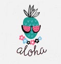 Hand drawn stylish typography lettering phrase on the grunge background - 'Aloha' and pineapple.