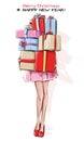 Hand drawn stylish woman with new year gifts. Girl in red shoes holding colorful gift boxes. Sketch.