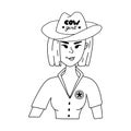 Hand drawn stylish young cowgirl wearing hat with lettering, sheriff badge. Cute doodle portrait of cow girl of Wild