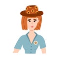 Hand drawn stylish young cowgirl wearing hat with sunflower pattern, sheriff badge. Cute cow girl portrait of Wild west