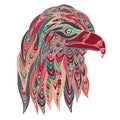 Hand drawn stylized colored eagle head. Abstract ethnic image with predatory bird, colorful patterns of feathers. Ornament logo,