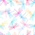 Hand drawn stylized dragonflies seamless pattern