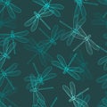 Hand drawn stylized dragonflies seamless pattern