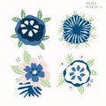 Hand Drawn Stylized Flower Clip Art. Classic Blue Cream And Blush Floral Motif Icon In Paper Cut Out Style. Perfect For Invitation