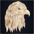 Hand drawn stylized golden eagle head. Abstract ethnic image with predatory bird, bright patterns of feathers. Ornament logo,