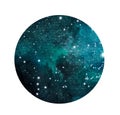 Stylized grunge galaxy or night sky with stars. Watercolor space background. Cosmos illustration in circle. Royalty Free Stock Photo