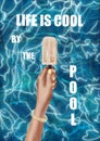 Hand-drawn stylized illustration of a hand that holds ice cream on a stick, on the background of pool water