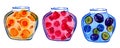 Hand drawn stylized illustration of three jars of fruit preserves