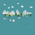 Stylized landscape with mountains and houses. Vector illustration