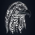 Hand drawn stylized silhouette of eagle head. Abstract ethnic image with predatory bird. Ornament blue and white outline logo, Royalty Free Stock Photo