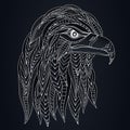 Hand drawn stylized silhouette of eagle head. Abstract ethnic image with predatory bird. Ornament blue and white outline logo, Royalty Free Stock Photo