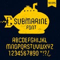 Hand drawn submarine font. Latin.