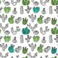 Hand-drawn succulents and cactus doodle pattern. Outlined blackon white illustration with green spots. Seamless pattern