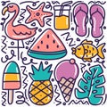 hand drawn summer beach doodle set