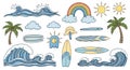 Hand-Drawn Summer Beach and Surfing Doodle Elements Set Royalty Free Stock Photo