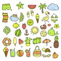 Hand drawn summer icons set. Doodle icon style. Tropical, oriental summer vacantion.