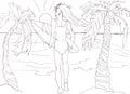 Hand drawn Summer illustration of slim girl with surfboard. Outline.