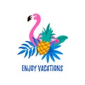 Hand drawn summer label with flamingo, tropical leaves and pineapple. Vector illustration. Enjoy vacations text