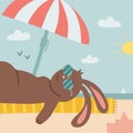 Hand drawn summer landscape with a cute bunny in sunglasses on the beach, lying on striped towels under parasol Royalty Free Stock Photo