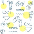 Hand drawn summer seamless pattern. Line set of elements.