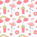Cute hand drawn summer seamless vector pattern background illustration with flamingo, rainbow, flowers, stars, strawberries and sm