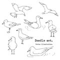 Hand drawn summer seaside print. Marine pattern in sketch style. Set of gull, seabird, flying seagull . Isolated cartoon vector il Royalty Free Stock Photo