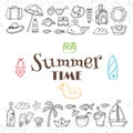 Hand drawn summer time collection. Beach theme doodle set. Trop