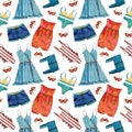Hand drawn summer seamless pattern with dress, shorts, sun glasses, swimming suit