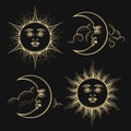 Hand Drawn Sun and Crescent Moon Esoteric Signs set